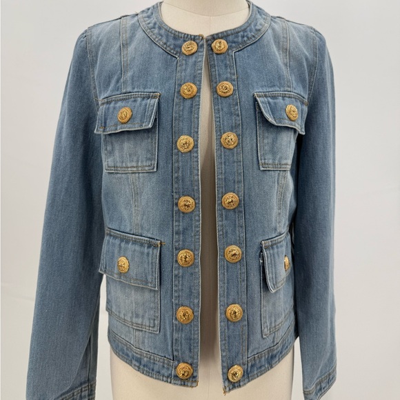 Ma Cherie Light Wash Denim Jacket with Gold Crest Buttons Chic Military Style - Picture 15 of 15